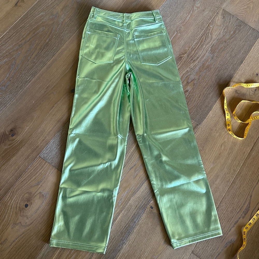 TOPSHOP Metallic Green Faux Leather Pants Straight Leg High Rise Size 4 - Picture 10 of 11